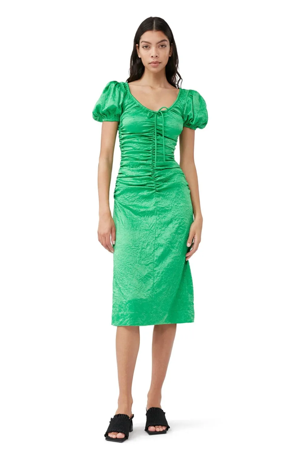 Ganni - Crinkled Satin Gathered U-neck Midi Dress