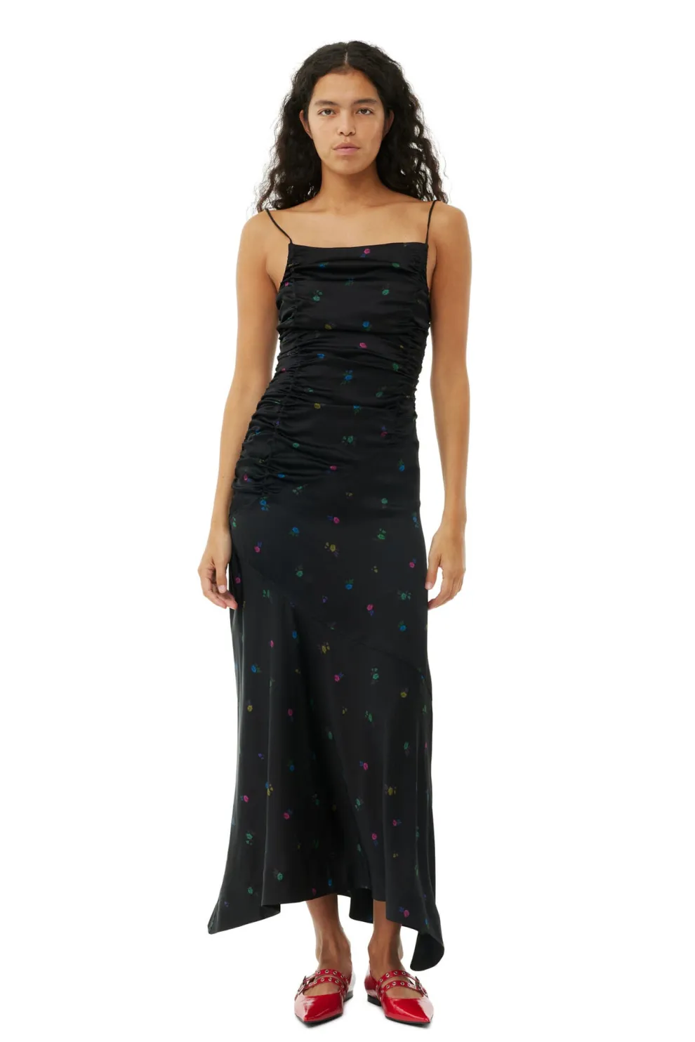 Ganni - Printed Satin Ruched Long Slip Dress