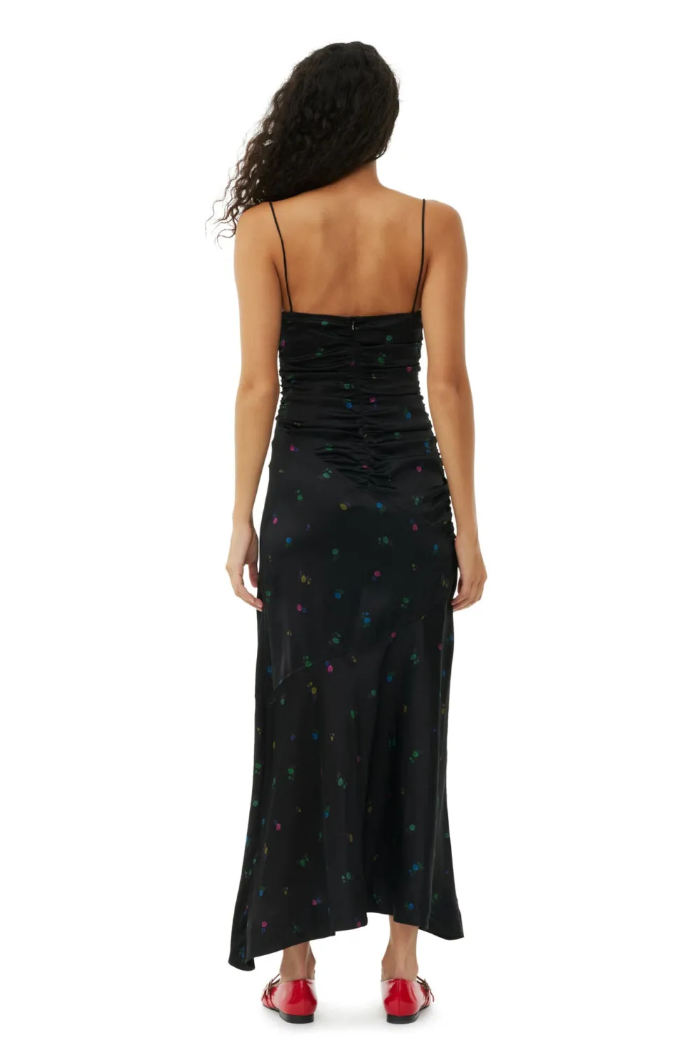 Ganni - Printed Satin Ruched Long Slip Dress