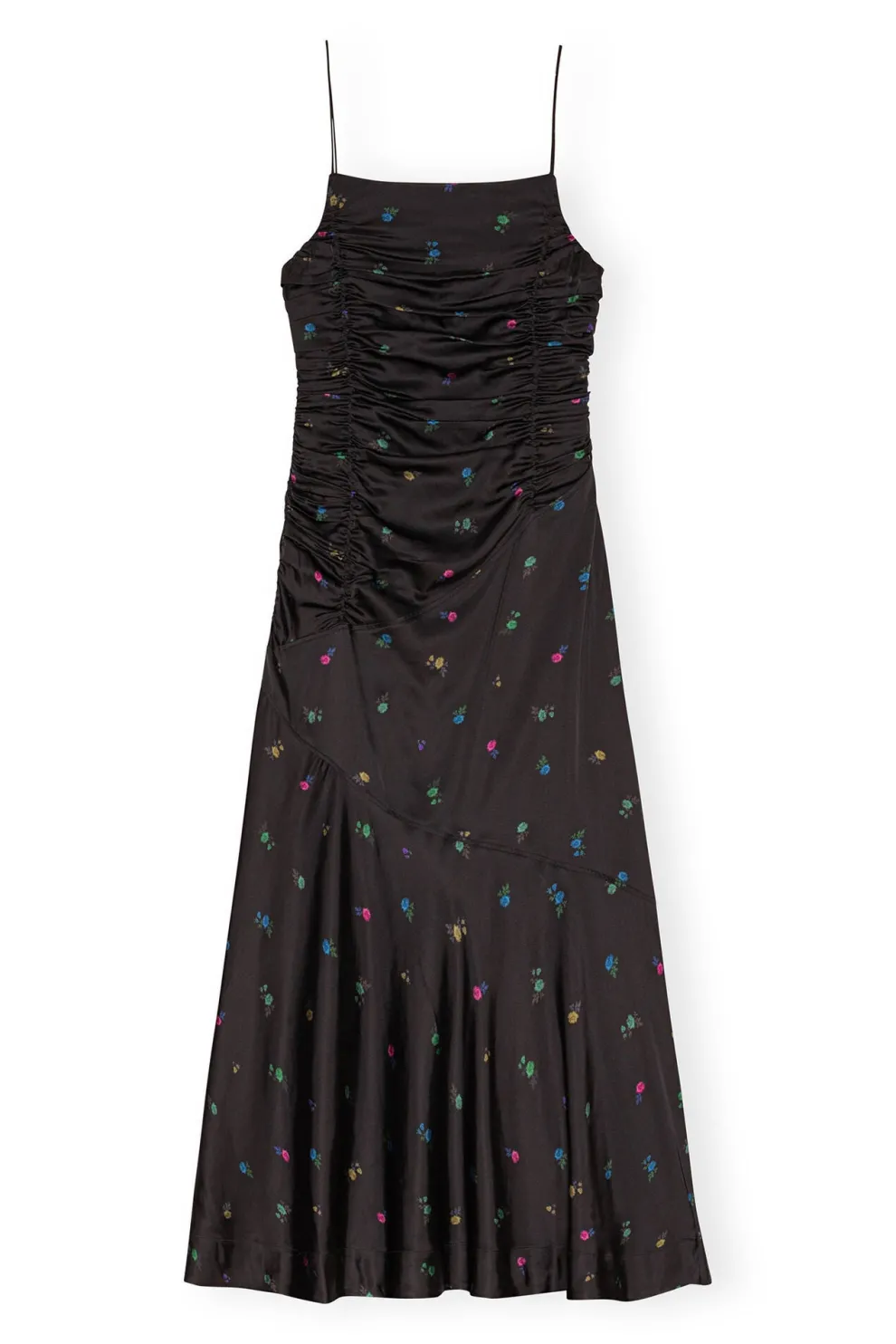 Ganni - Printed Satin Ruched Long Slip Dress