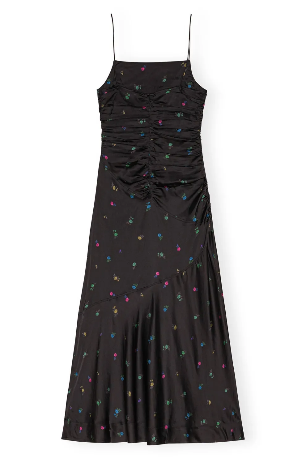 Ganni - Printed Satin Ruched Long Slip Dress