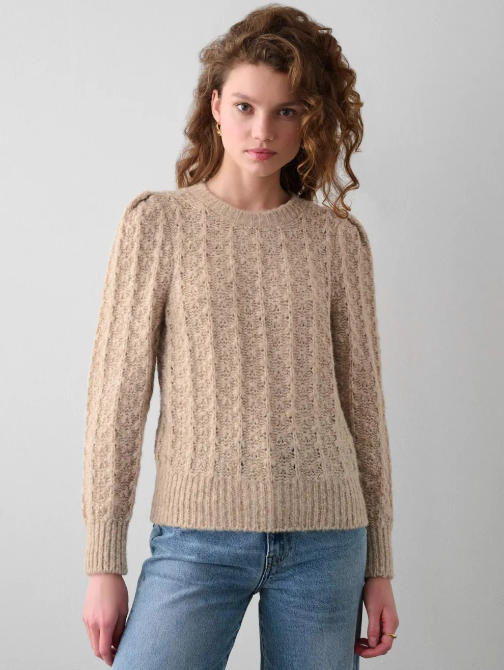 White+Warren - Plush alpaca blend pointelle puff sleeve crewneck