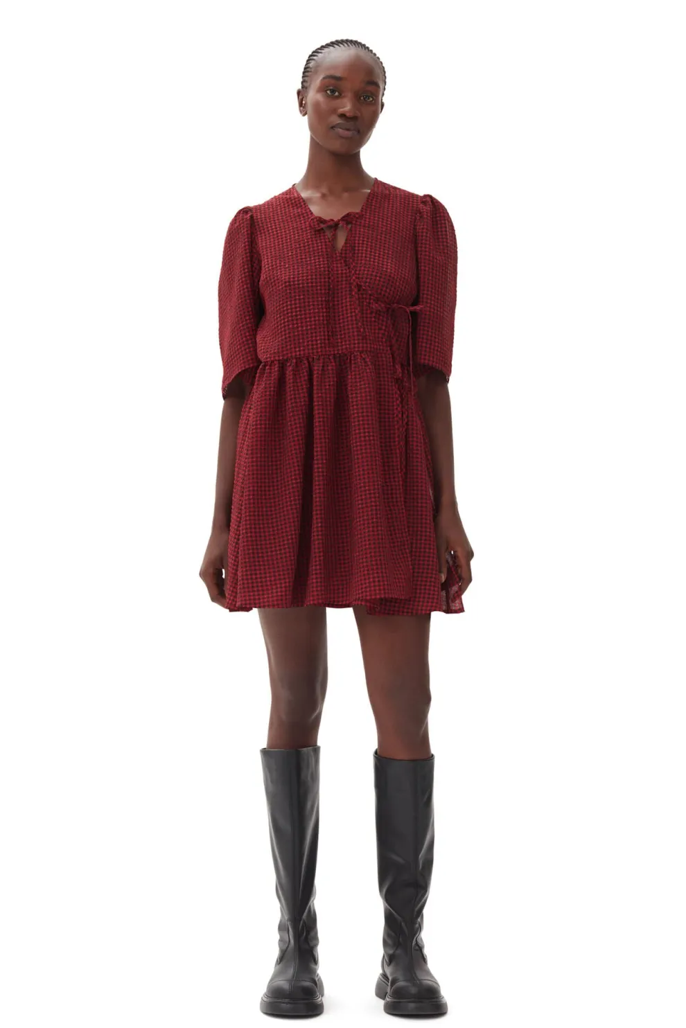 Ganni - Sheer Fluid Check Tie String Wrap Dress