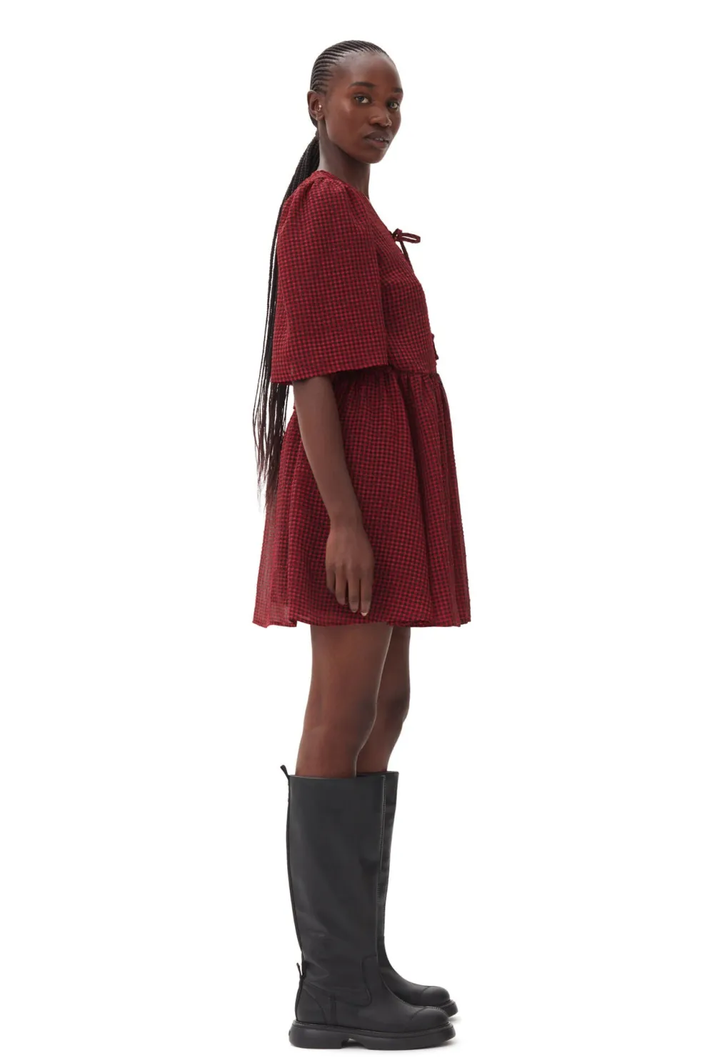 Ganni - Sheer Fluid Check Tie String Wrap Dress