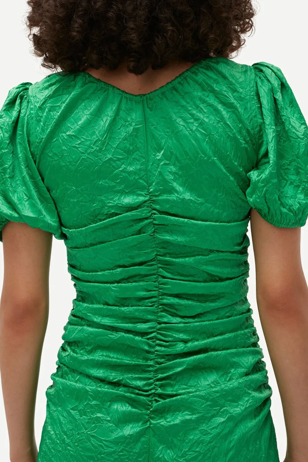 Ganni - Crinkled Satin Gathered U-neck Midi Dress