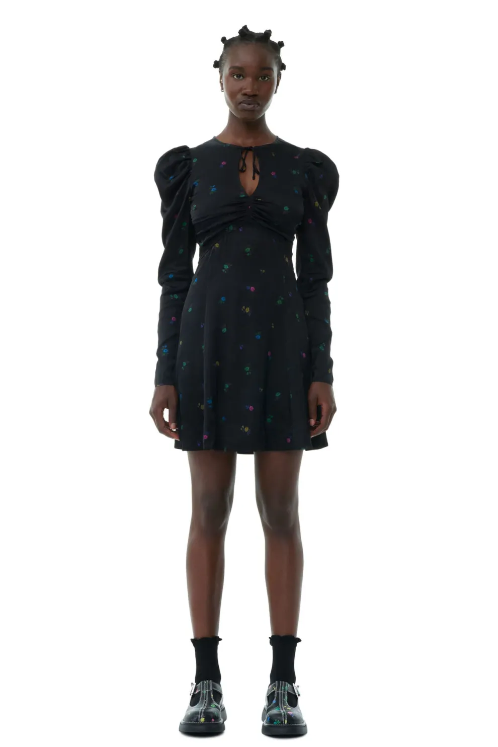 Ganni - Printed Satin Long Sleeve Mini Dress